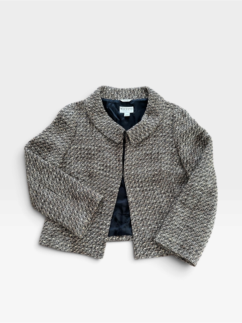 Talbots Black, White, and Brown Tweed Open-Front Cropped Jacket- Italian Fabric